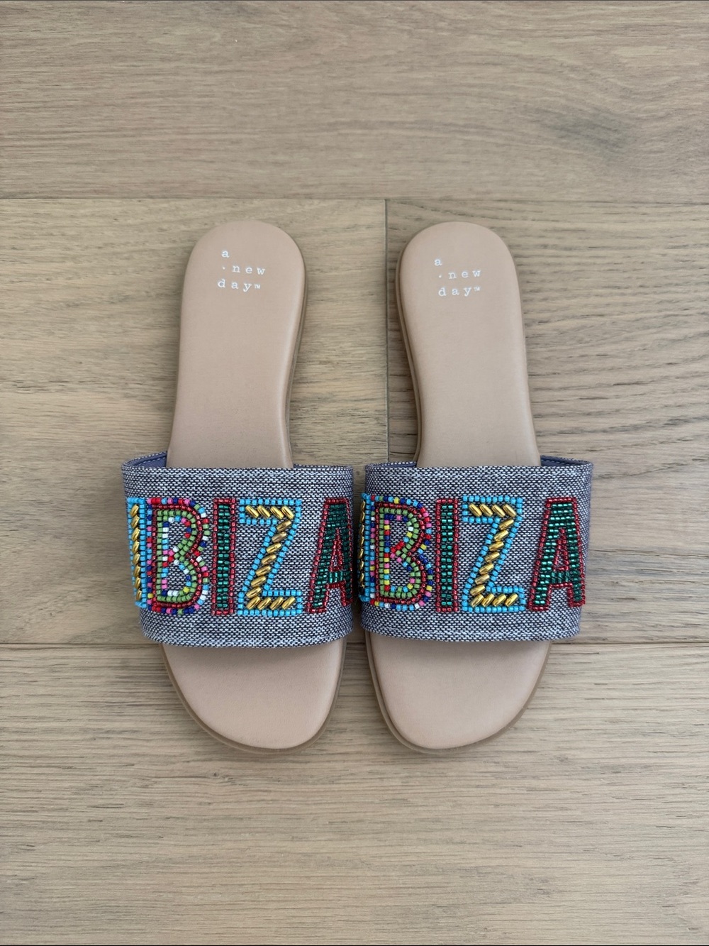 a new day Beaded 'IBIZA' Slide Sandals - Beige with Multicolor Beads
